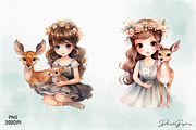 Princess & Deer Watercolor Clipart, an Animal Illustration by danishgraphics (Thumbnail 2 of 5)
