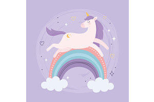 unicorn on rainbow, an Animal Illustration by studiogstock