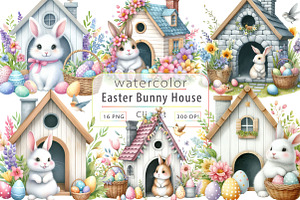 Watercolor Easter Bunny House PNG