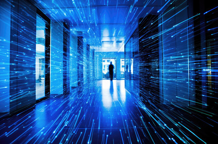 A dynamic shot capturing the flurry of digital networks inside a, a Business Photo by designvectx