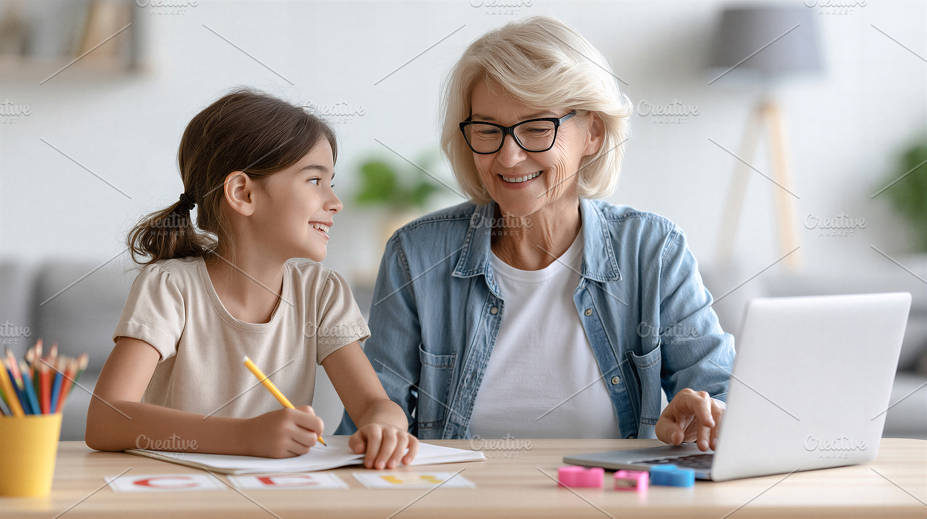 Girl & grandmother learning together, a School & Education Photo by 7DesignLab