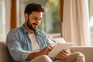 Man relaxing on couch using tablet s, a Photo by Pixeness Studio