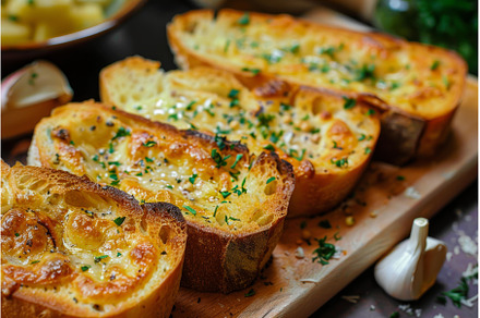Delicious garlic bread with fresh, a Food & Drink Photo by Ylivdesign