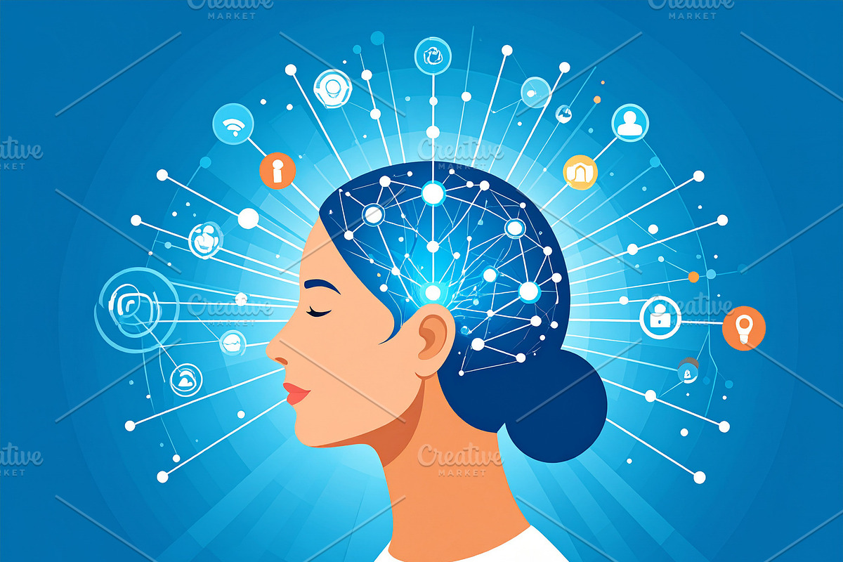 Human head with light rays projecting outward, forming digital s, a Technology Illustration by DanFLCreativo