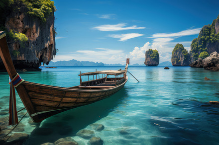 Traditional Longtail Boat at Railay Beach, Krabi, Thailand with Scenic Limeston, a Photo by AS photostudio