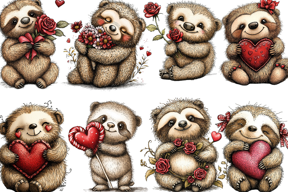 Whimsical Valentine Sloth Clipart, an Illustration by Designking (Photo 3 of 5)