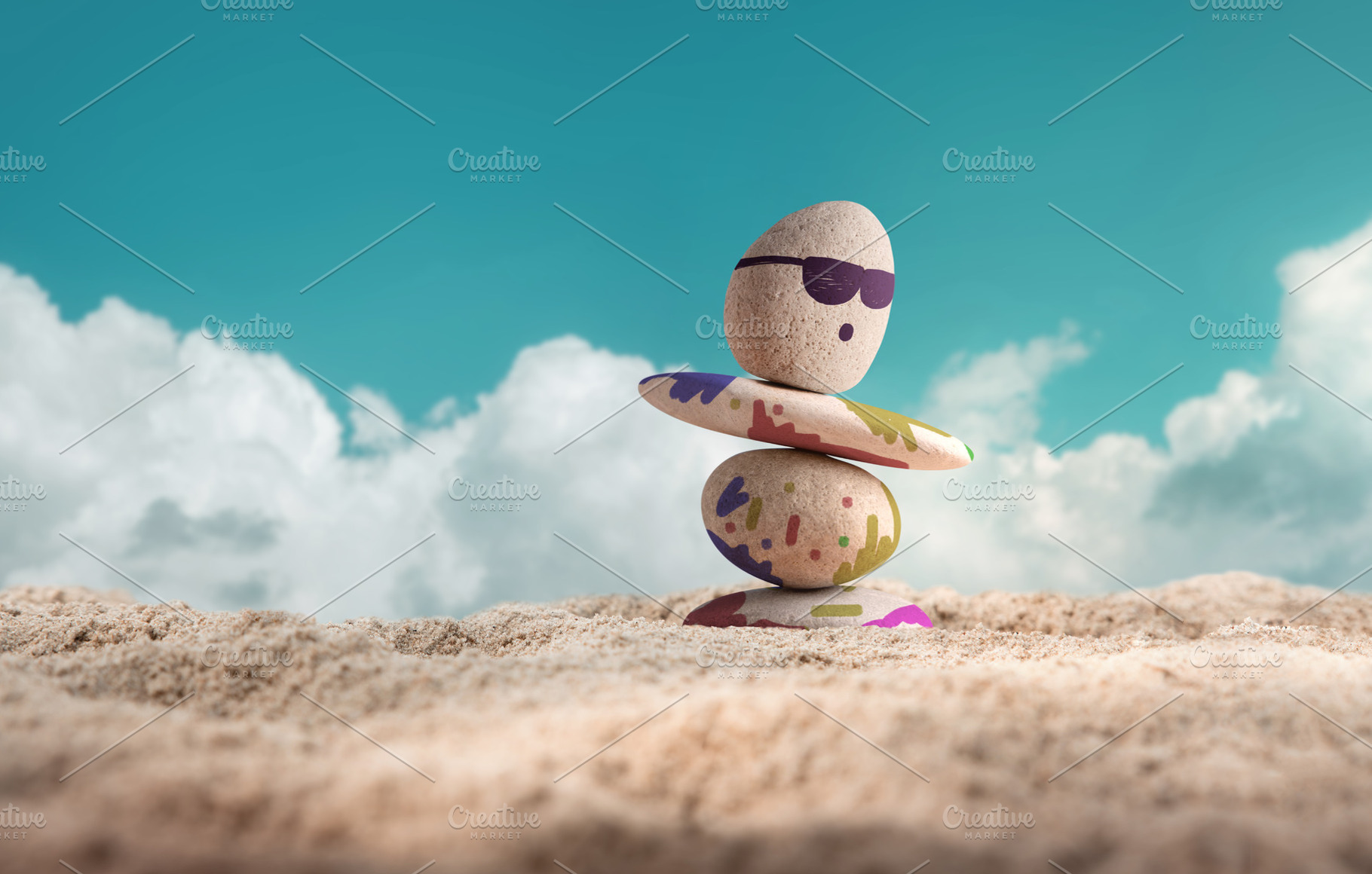 Enjoying Life in Nature Concept. Pebble Stone with Sunglasses an, a Photo by salmon.black