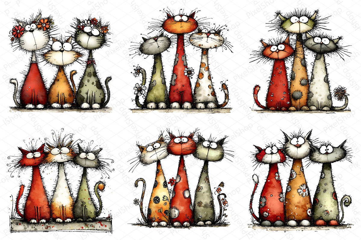 Whimsical Christmas Cats Clipart, a Texture Illustration by DreamPrint404 (Photo 3 of 6)