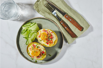 Avocado baked with egg, ham