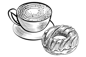 Sketch Of Coffee Drink And Donut