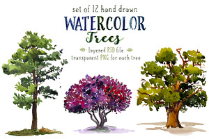 Set of 12 watercolor trees