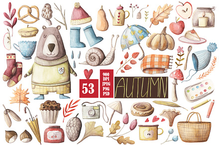 53 Autumn watercolor clip-art