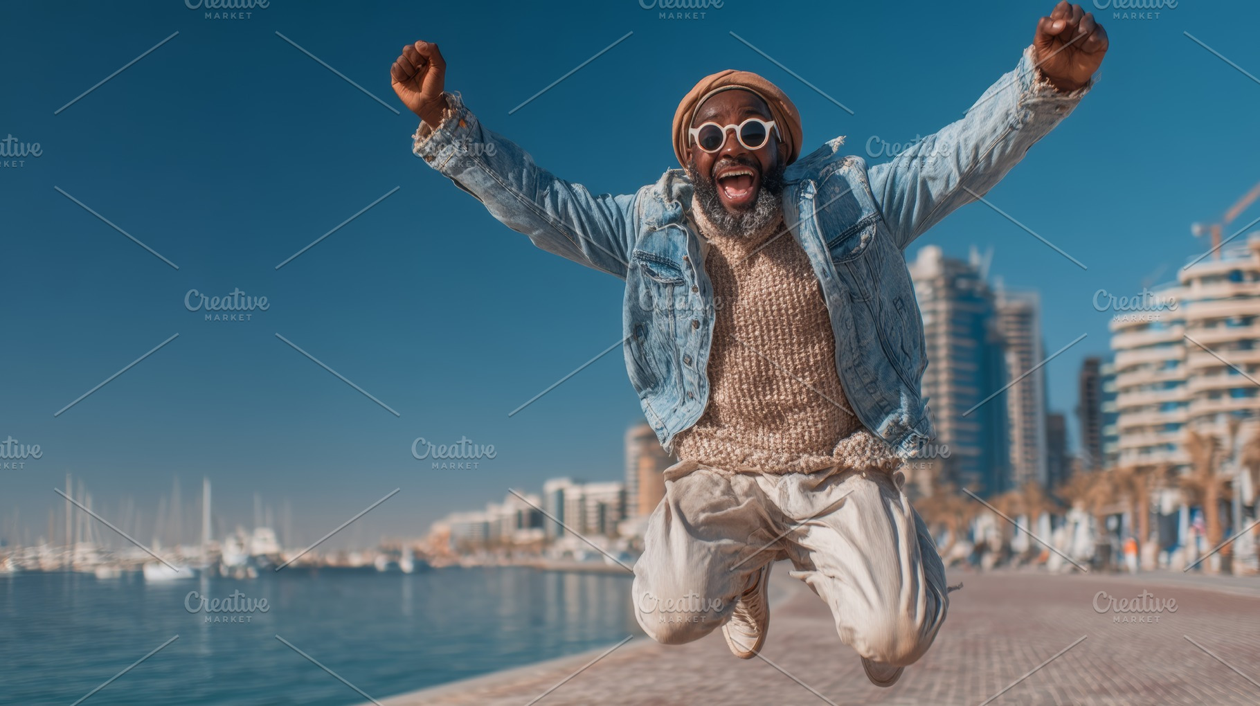 Excited individual joyfully jumping outdoors by a harbor on a sunny day, a Person Photo by AS photostudio
