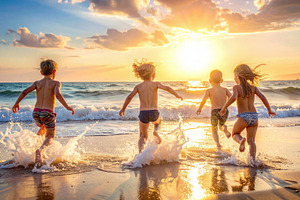 Children Running into Ocean at Sunset, a Sports & Recreation Photo by Davizro's Market