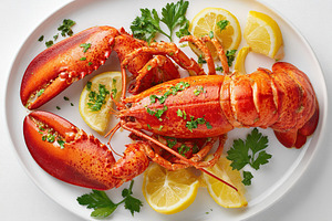 Freshly cooked lobster served on a white plate with lemon slices and parsley ga, a Food & Drink Photo by AlyaAnd
