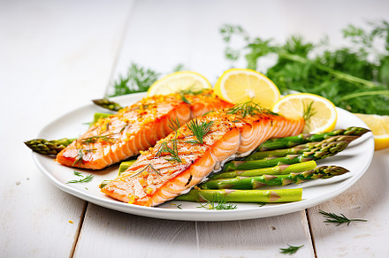 Baked salmon with green asparagus and slices of lemon on wooden background, a Food & Drink Photo by AlyaAnd