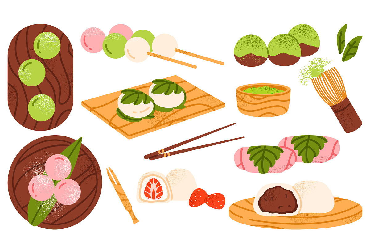 Mochi set. Japanese dessert, a Food Illustration by Annie Birdie (Photo 1 of 5)