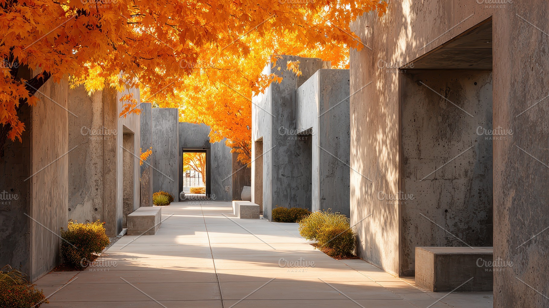 Autumnal Pathway Concrete Architectu, a Photo by Pixeness Studio