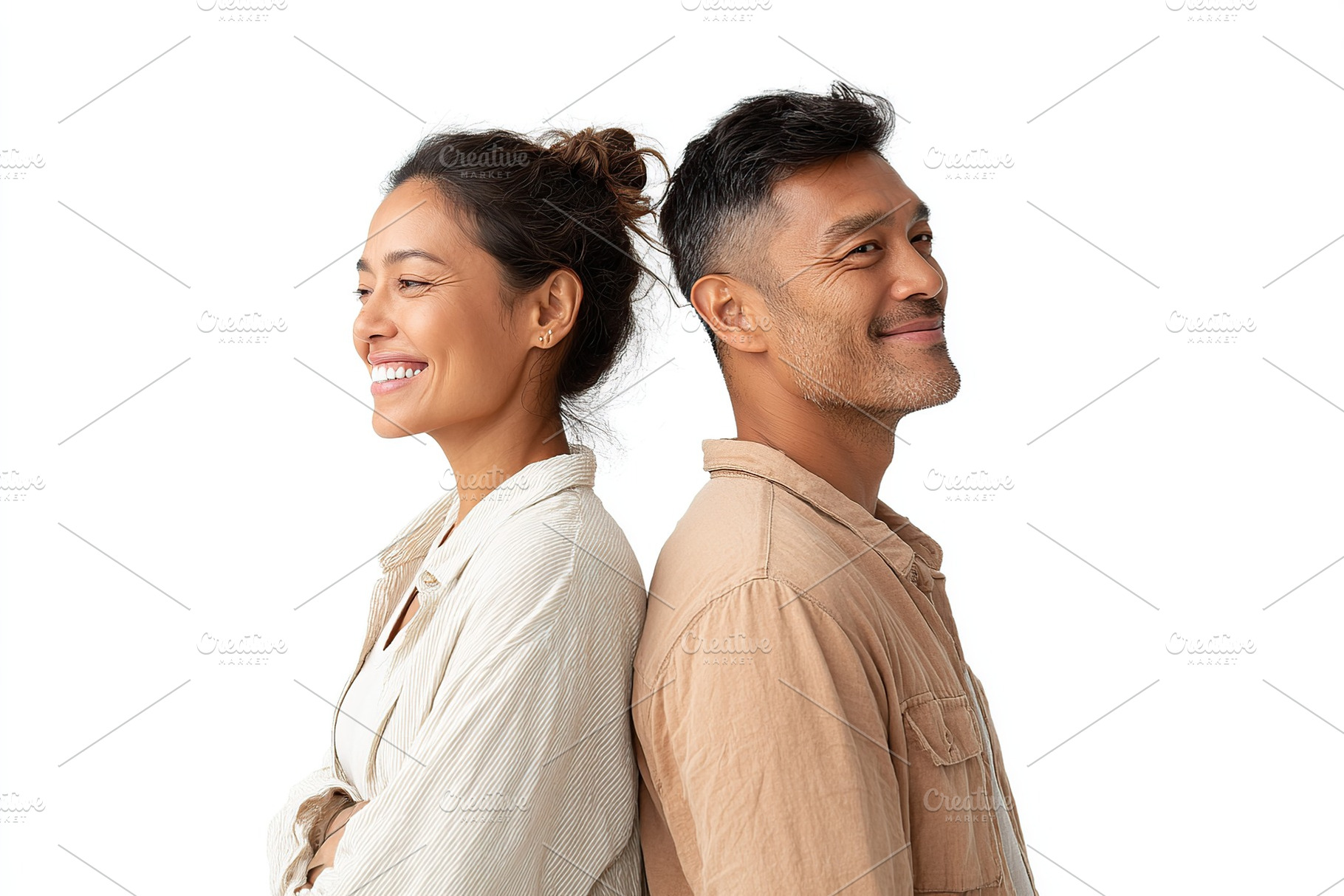 Couple smiling back to back in casual clothing against a white background, a Photo by AlyaAnd
