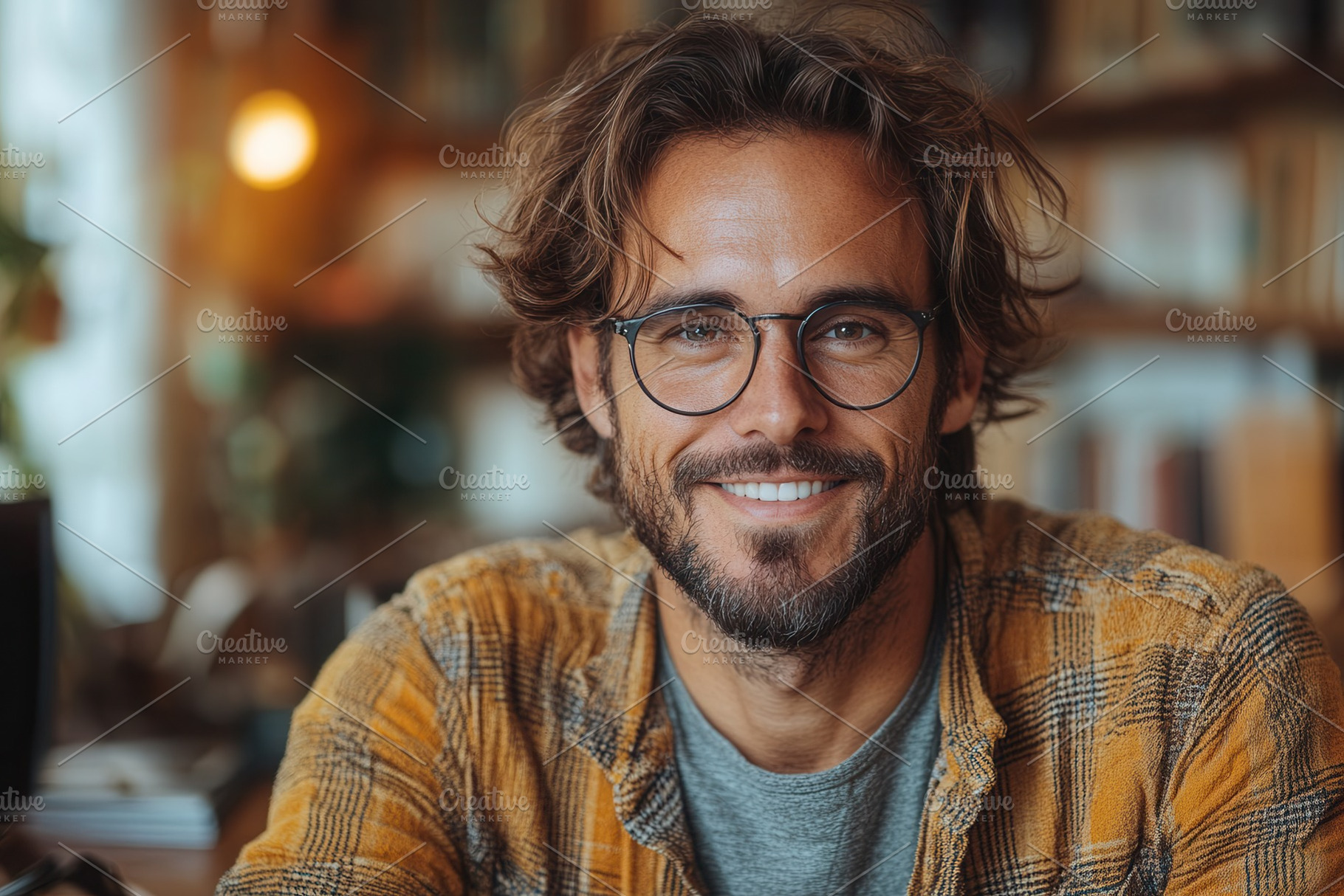 Smiling man with glasses sitting in, a Photo by Tanuart
