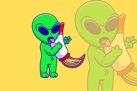 Cute Alien Hugging A Rocket Cartoon