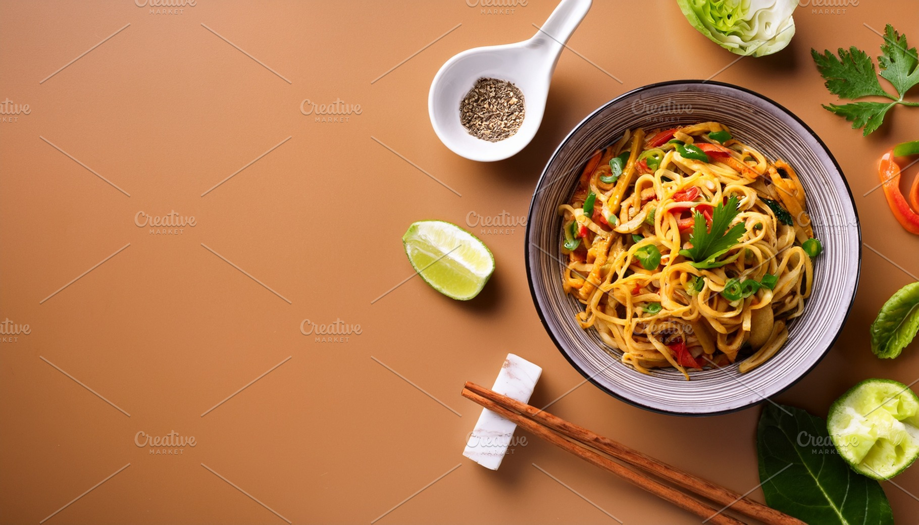 vegetarian curry noodles AI generated, a Photo by WorldOfPhotos