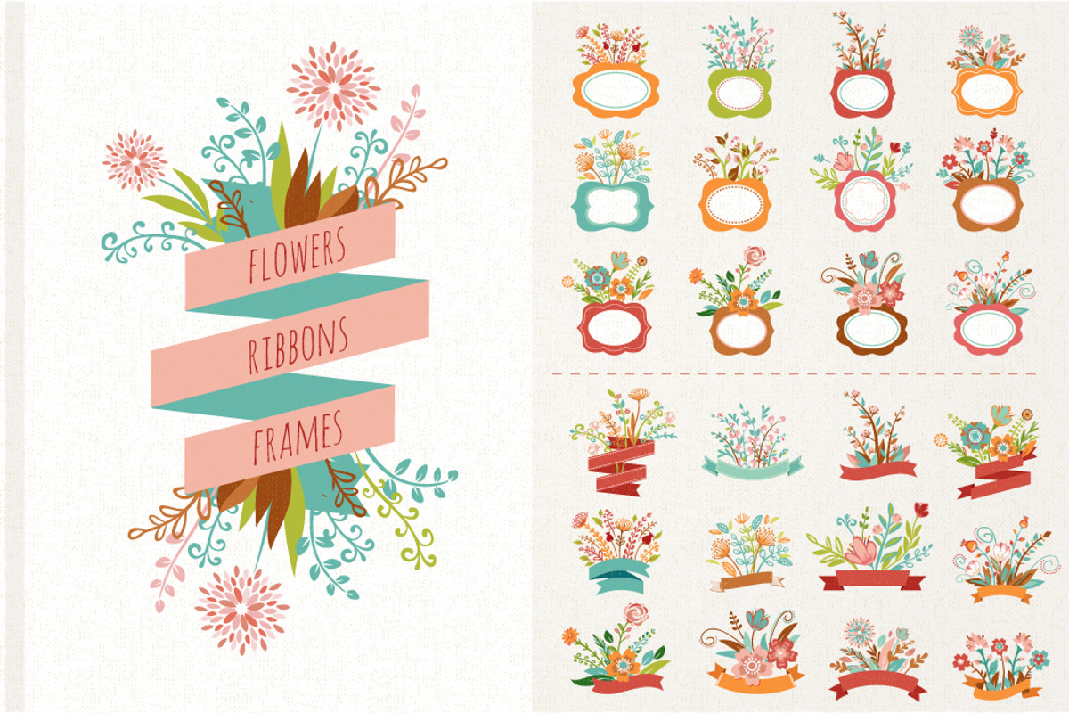 Flowers with ribbons & frames, an Illustration by Marish