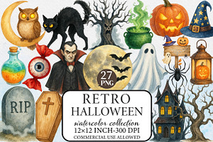 Retro Halloween Clipart Bundle, an Illustration by Libby Wishes