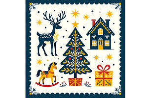 Christmas Delight in Blue and Gold, a Decorative Illustration by Sharon Schwalbe