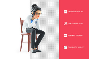 3D Cartoon Female Doctor Sitting on, a Person Illustration by 3DMask