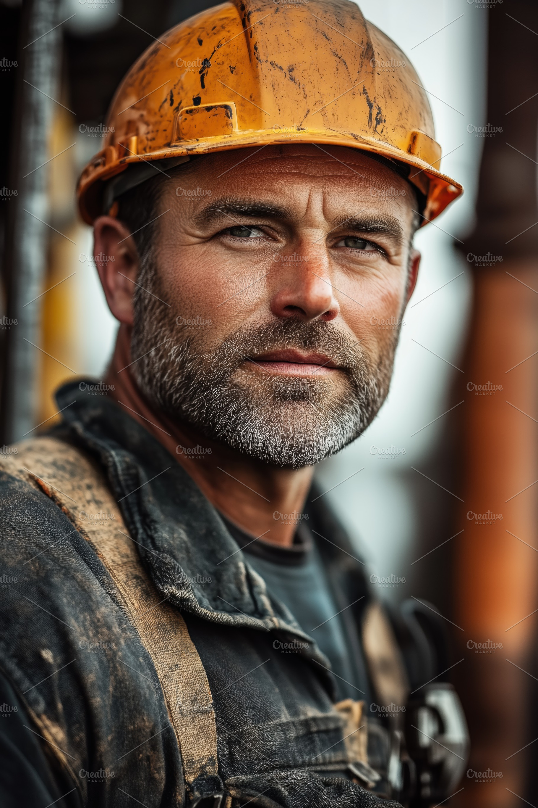 A well testing operator rugged construction worker with a beard and an orange h, a Person Photo by Textures & Backgrounds