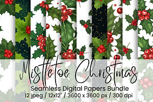Mistletoe & Holly Christmas Seamless, an Illustration by Mashimara