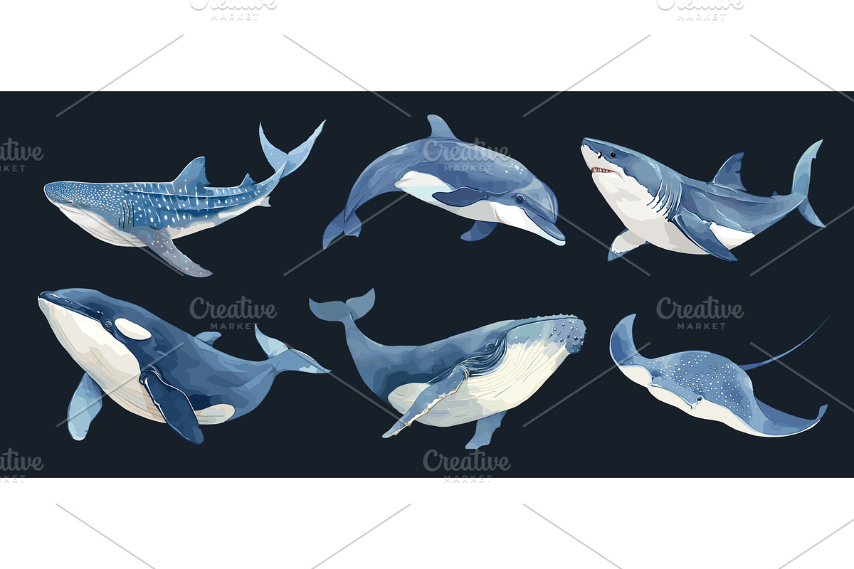 Marine animals watercolor set. Blue, an Animal Illustration by Stock-Smart-Start