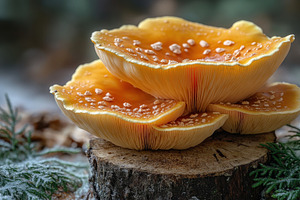 Unique orange mushrooms grow on a wo, a Photo by Tanuart