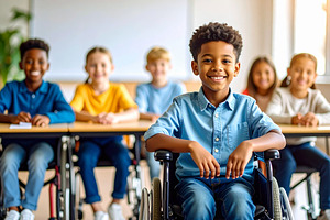 Boy at wheelchair smiling at classroom, a School & Education Photo by DanFLCreativo