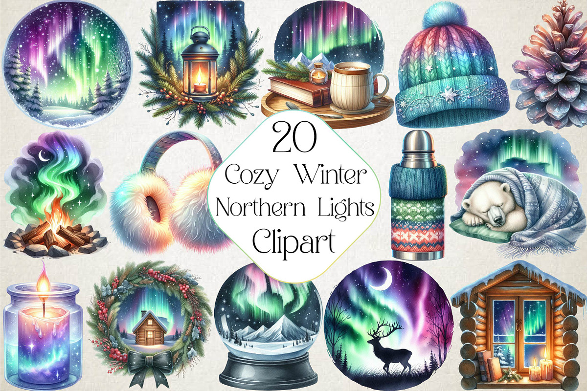 Cozy Winter Northern Lights Bundle, an Illustration by DreamPrint404 (Photo 1 of 5)