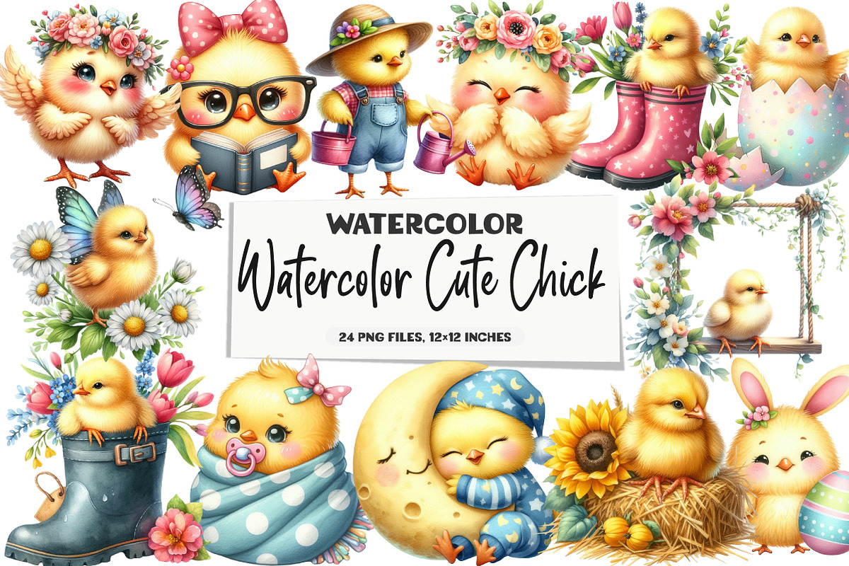 Watercolor Cute Chick Clipart, an Illustration by DreamArtGraphic (Photo 1 of 5)