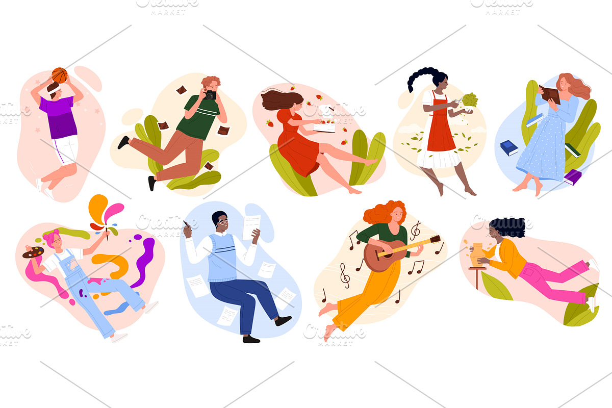 Art hobby scenes with flying people, a Person Illustration by Flashvector