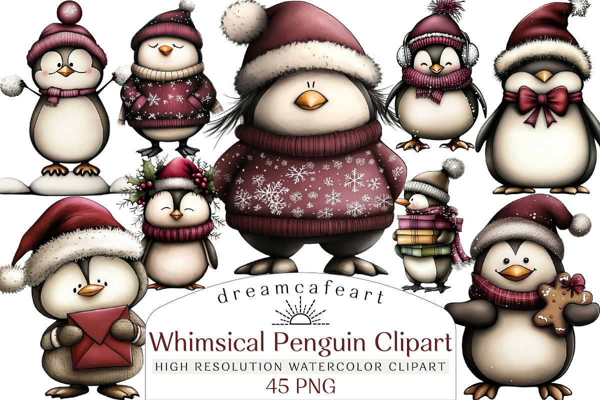 Whimsical Penguin Clipart, an Illustration by DreamCafeArt (Photo 1 of 8)