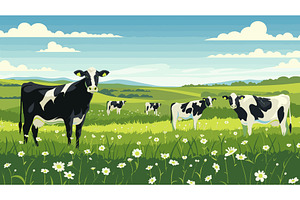 Cows grazing in green spring meadow, an Animal Illustration by AlexArt