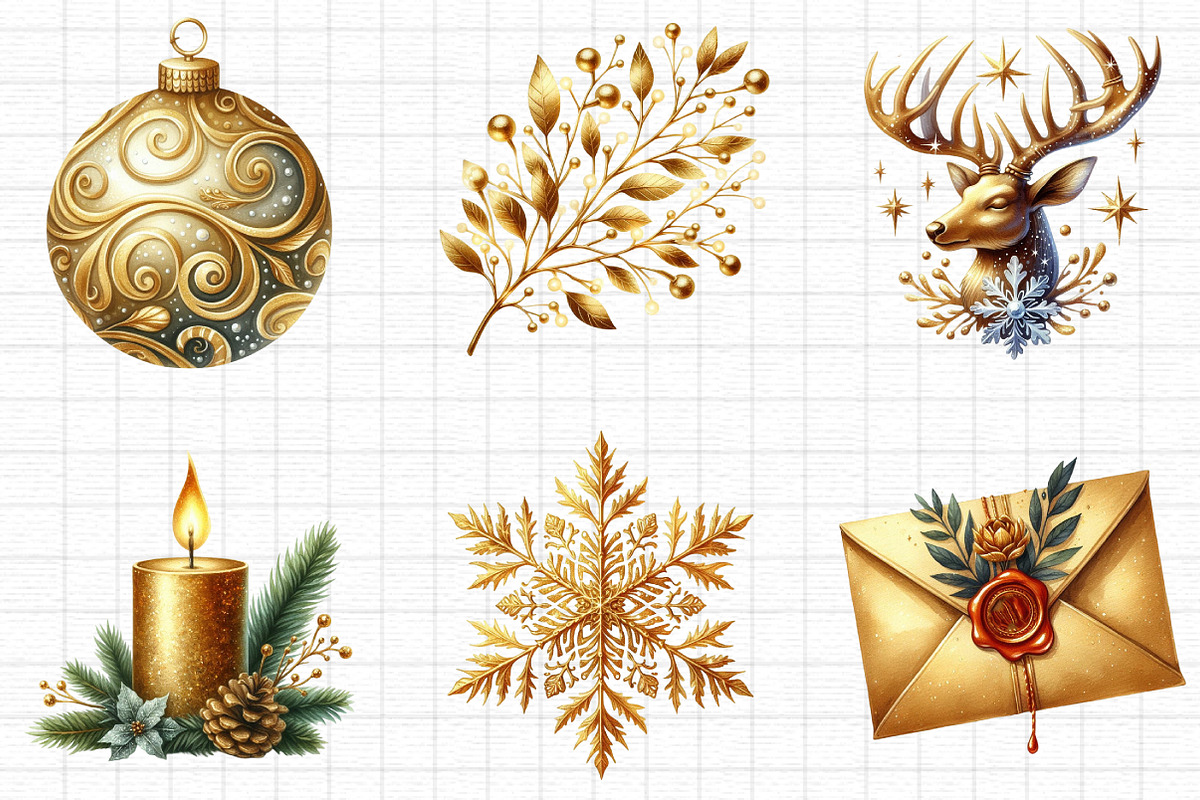 Gold Christmas Clipart, a Seasonal Illustration by Daily.Designs