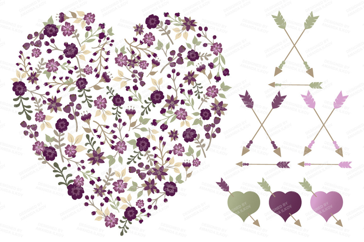 Plum Floral Heart & Banner Vectors, an Illustration by Amanda Ilkov (Photo 3 of 4)