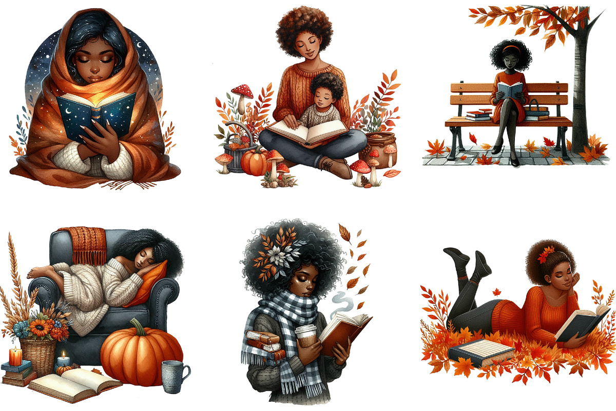 Autumn Black Woman Reading Clipart, an Illustration by DreamArtGraphic (Photo 2 of 4)