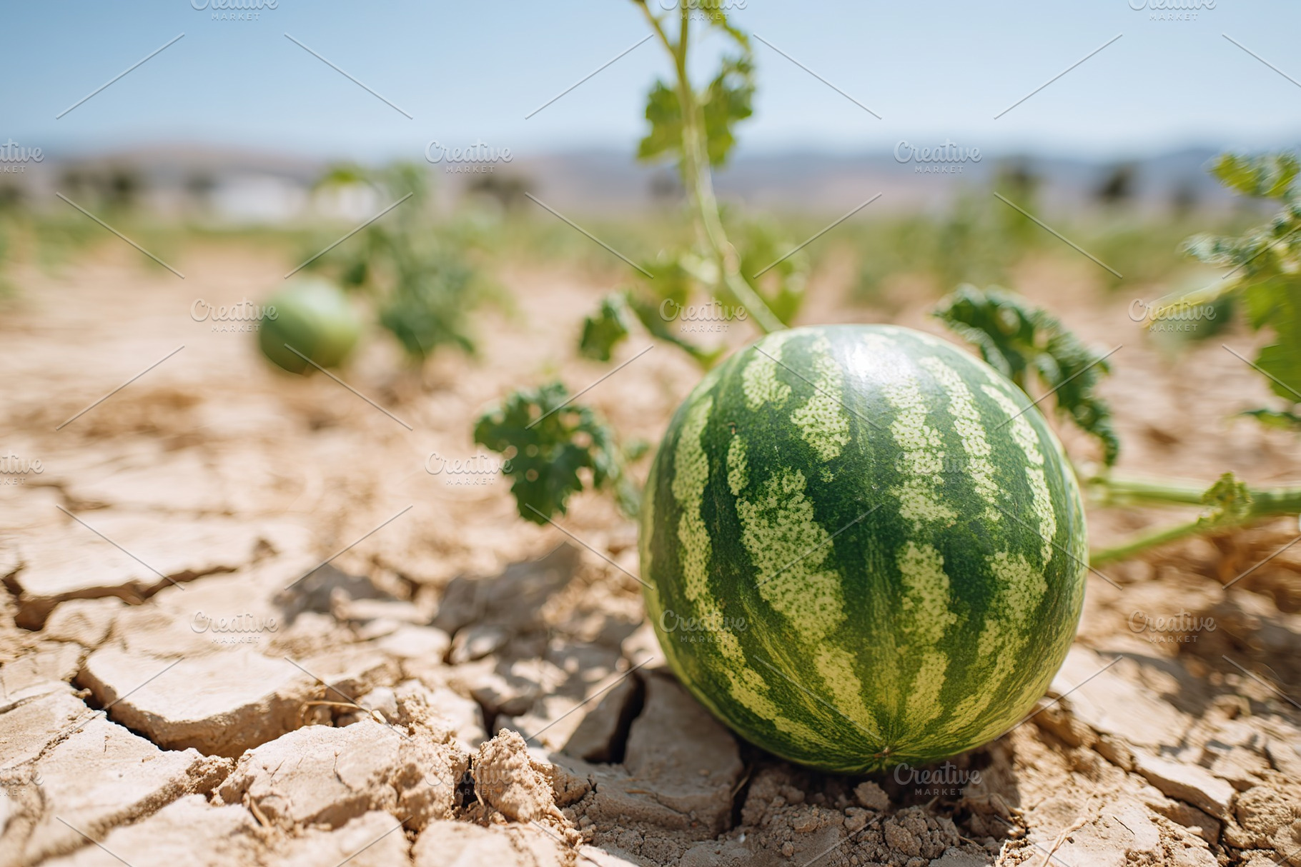 Whole watermelon resting on dry cracked earth in a sunny agricultural field, a Food & Drink Photo by AlyaAnd