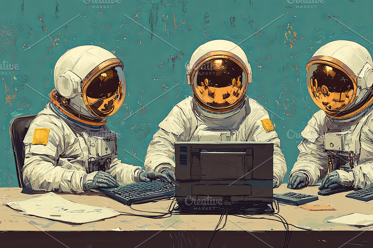 Astronauts Collaborating at a Desk in a Futuristic Office Setting, an Illustration by AS photostudio