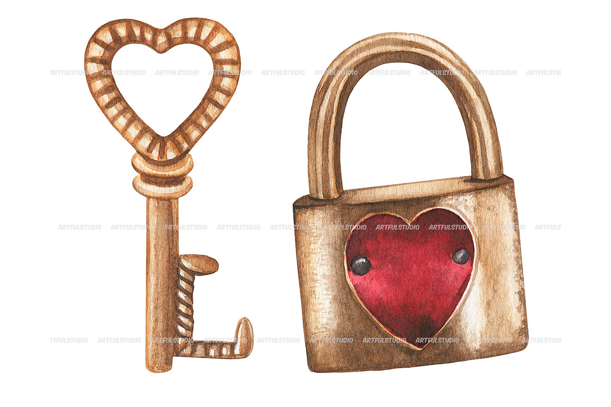 Watercolor vintage Keys and locks, an Object Illustration by ArtfulStudio (Photo 3 of 8)
