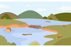 Nature background with lake. Dam on, an Illustration by Valerie Bodnar