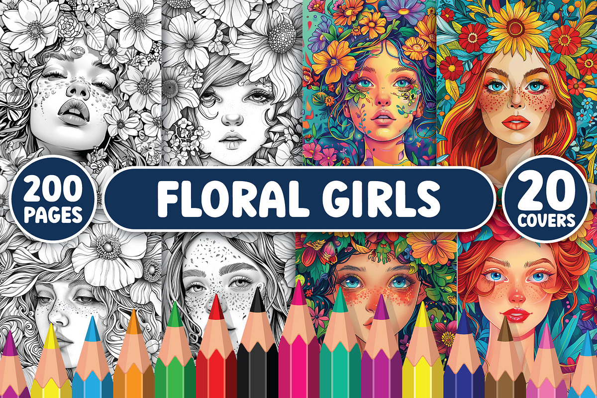 200 Floral Girls Coloring Pages, a Person Illustration by BrightMart