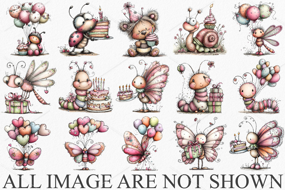 Watercolor Birthday Bugs Clipart PNG, a Seasonal Illustration by Canvas Craft (Photo 4 of 7)