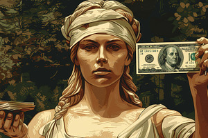 Conceptual image of justice holding money in a forest setting, a Photo by AS photostudio